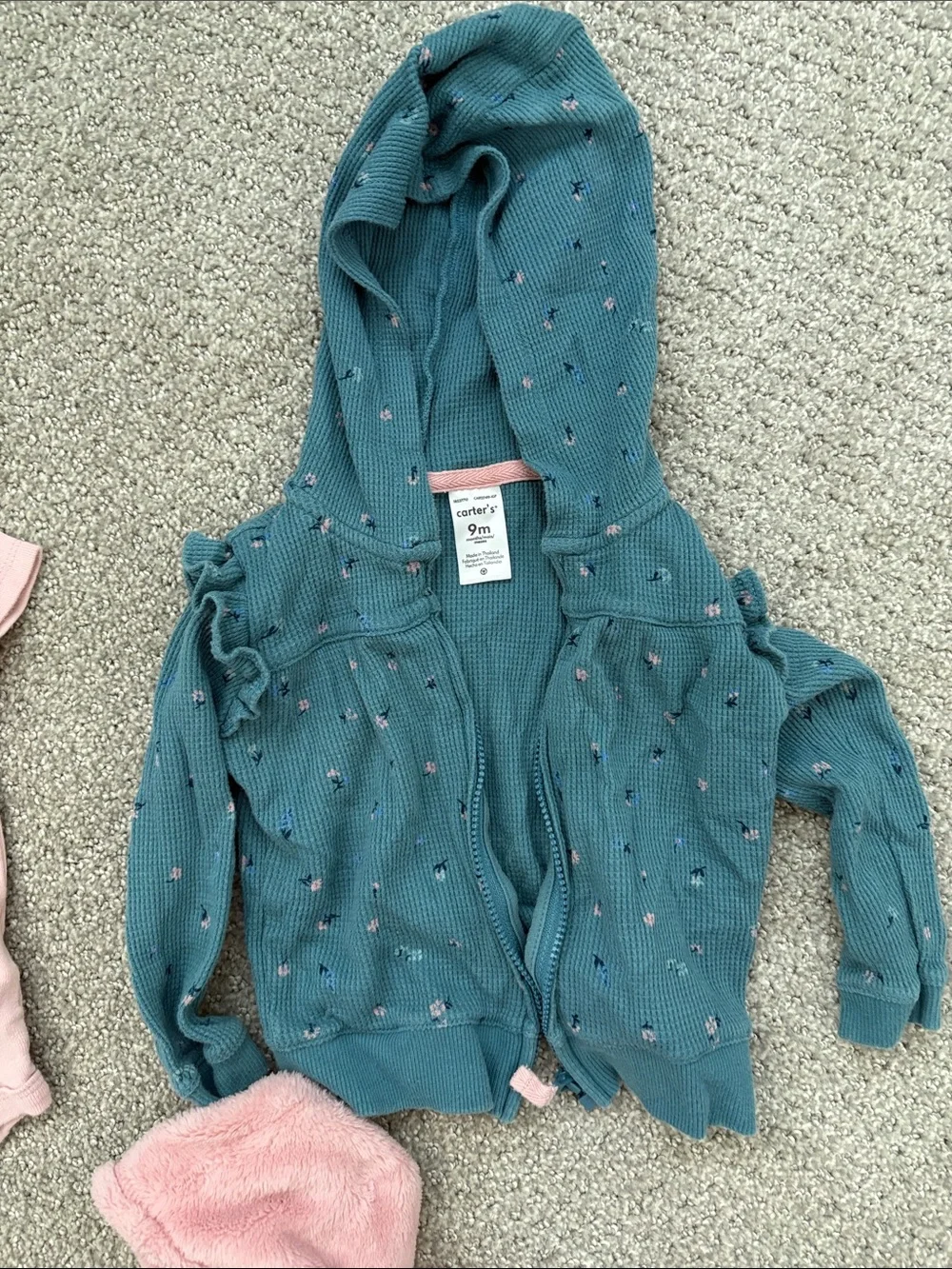 Carter's Pink Floral Bodysuit with Teal Zip Hoodie & Soft Pink Plush Pullover - Picture 4 of 5